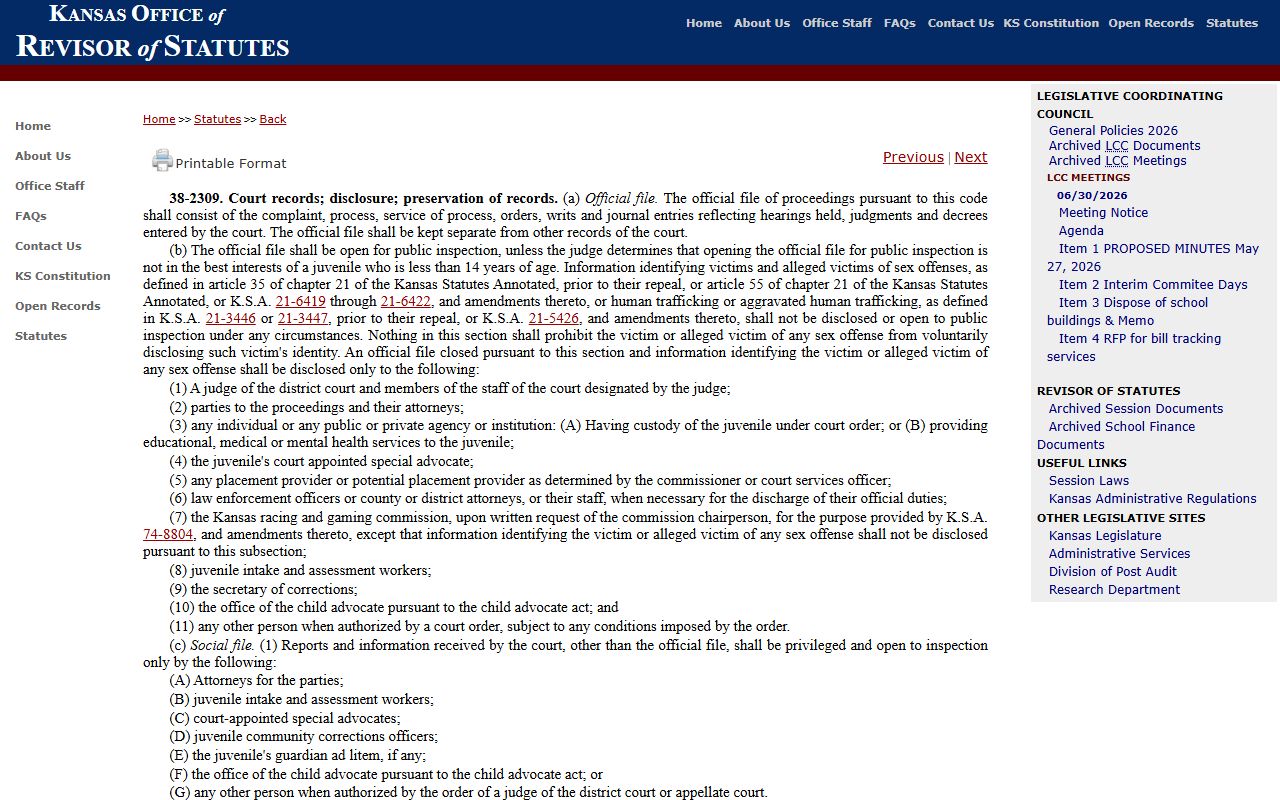 Osage County arrest records juvenile offender disclosure statute