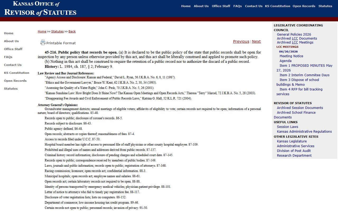 Osage County arrest records Kansas public records policy statute
