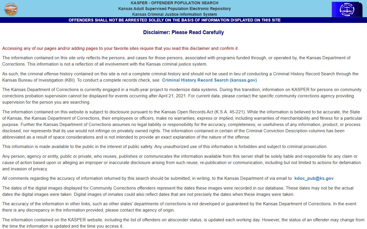 Osage County inmate search KASPER offender search disclaimer