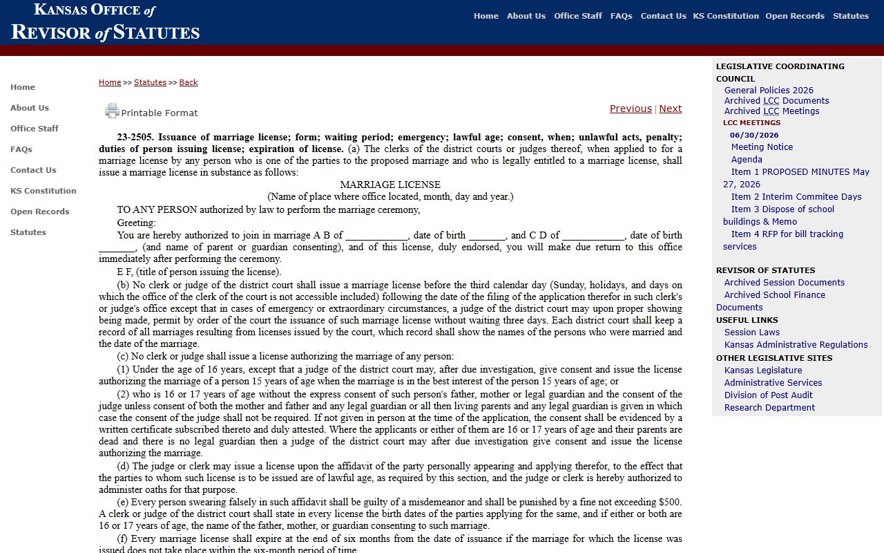 Osage County marriage records K.S.A. 23-2505 license waiting period and expiration