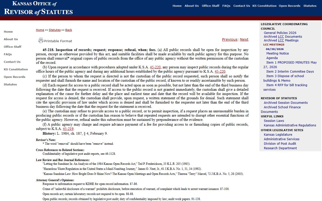Osage County probate records K.S.A. 45-218 inspection request rules